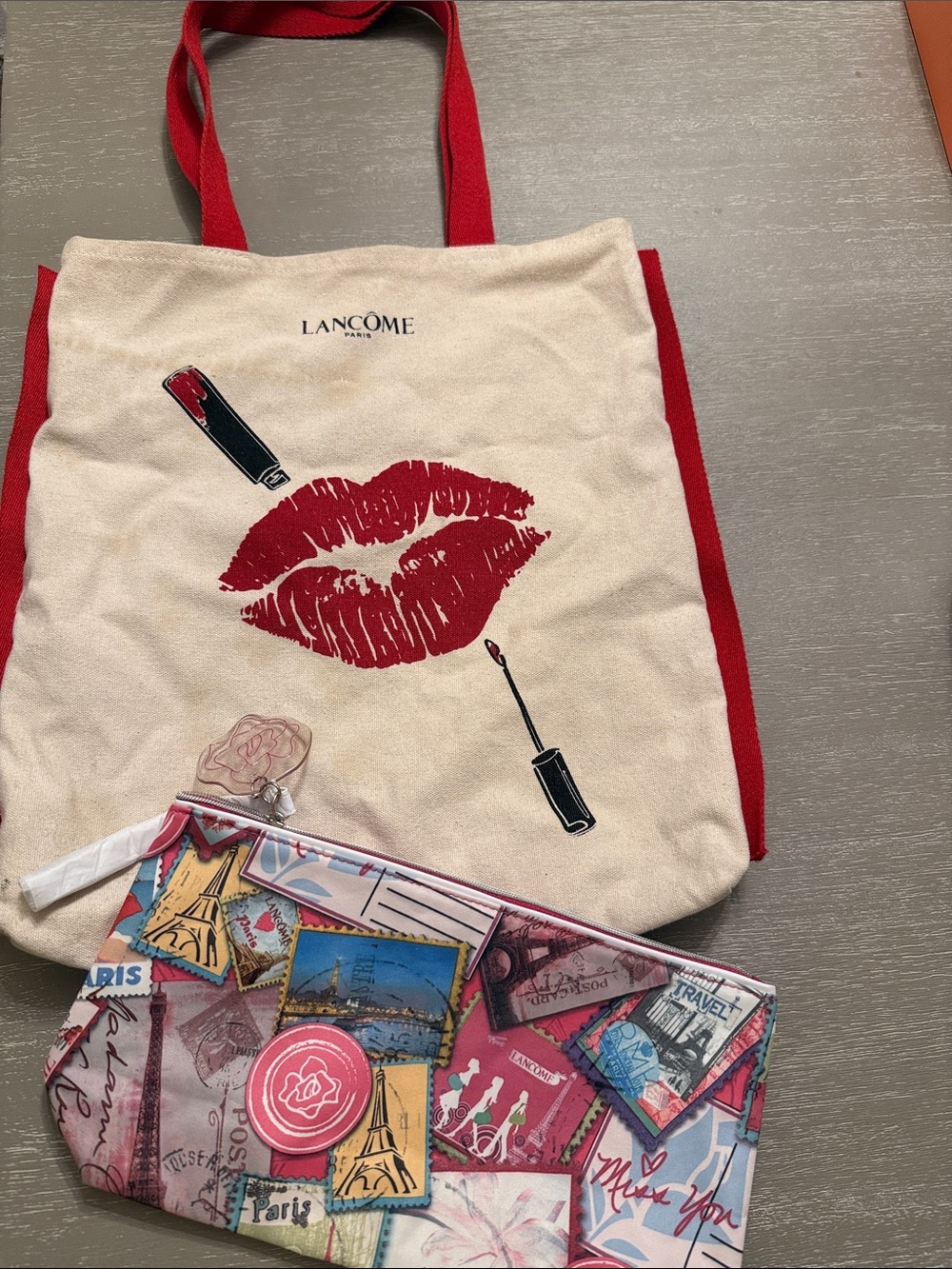 Lancôme Beige Canvas Tote with Red Lip Graphic